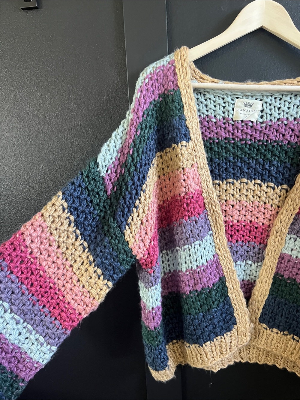 Panache Multicolor Striped Chunky Knit Cardigan with Mustard Trim - Picture 3 of 4